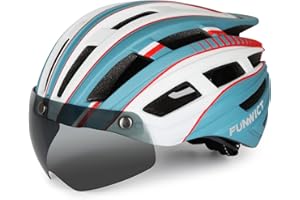 FUNWICT Casco Bicicleta Hombre Casco MTB con Gafas Magnéticas Extraíbles y Forro Interior Casco Bicicleta con Luz Trasera LED para Ciclismo 57-61 CM