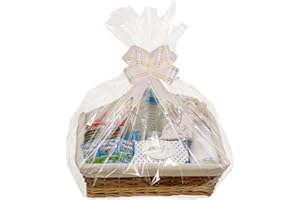 H-LINE MEDIUM Make Create Your Own Gift Hamper Kit - Natural Wicker Storage Basket Cellophane Wood Shred Bow Set - Ideal for Christmas Easter Christening Wedding Baby Shower or Birthday Gift