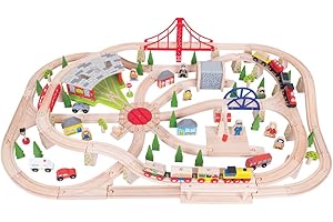 BIGJIGS TOYS Bigjigs Rail 130 Piece Freight Wooden Train Set - Freight Kids Train Set with Storage Box, Working Bigjigs Turntable with 2 Train Engines and Multiple Wooden Train Set Accessories