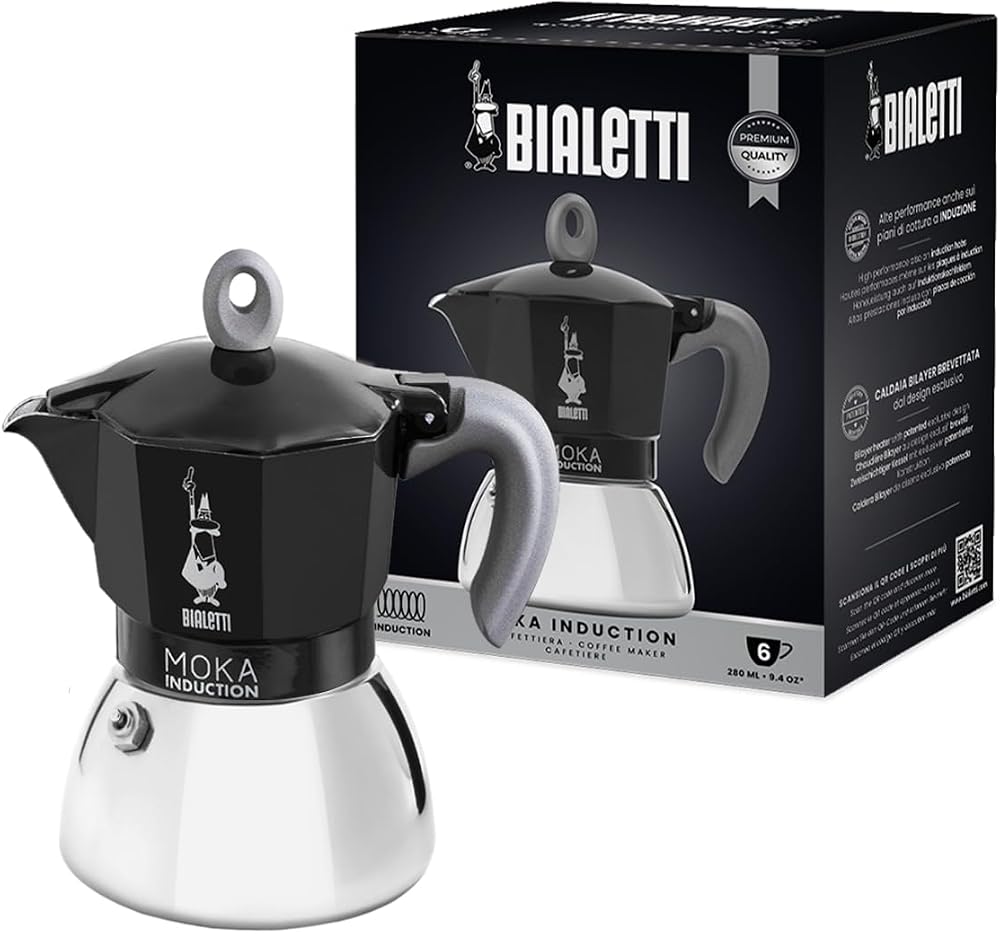 Bialetti - Moka İndüksiyon Siyah: 6 Cups Ocak Üstü Espresso Pişirici - 280ml - Alt Hazne: Dış Paslanmaz Çelik İç Alüminyum - Patentli Güvenlik Valfi - İndüksiyon Ocak Türleri İçin Uygundur