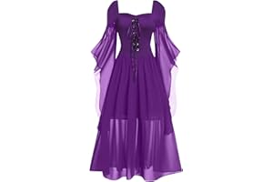 AZISEN Abito Gotico Donna, Vestito Halloween Donna Costume di Halloween Vestiti Medievali Off Shoulder Pizzo Trompeta Manica Abiti Vestiti di Halloween Abito Lungo Donna Elegante Abito Medievale Retrò