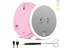 Suupvaor 10x Espejo de Aumento con luz, 3 Modos de Color de atenuación 15cm Iluminado 10x Espejo de Aumento con 3 ventosas, Espejo de Aumento de Viaje 10x, Espejo de Maquillaje de Gran Aumento