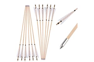 POEARCUS Tiro con Arco 32" Flechas de Madera English Longbow Arrows Flechas de Puntería de Práctica con Plumas de Pavo Fletching Puntas de Bala para Arco Recurvo Tradicional Longbow Shooing 6/12pcs
