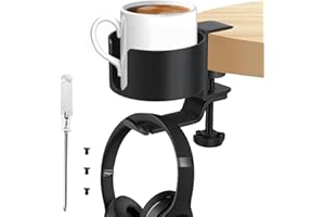 FOVHEE 2-in-1 Headset Halterung&Getränkehalter Tisch Set-Kopfhörer Halterung Schreibtisch-Robuste Aluminiumlegierung-Kopfhörer Halter 360° Drehbar-No Spill Getränkehalter für Gaming-PC-Tische