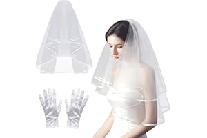 NINVVS A White Veil 80cm + a Pair of Short White Satin Gloves, Wedding Theme Party Photo Banquet, Wedding Headdress Bridal Veil Tulle and Comb Short Veil Satin Edge