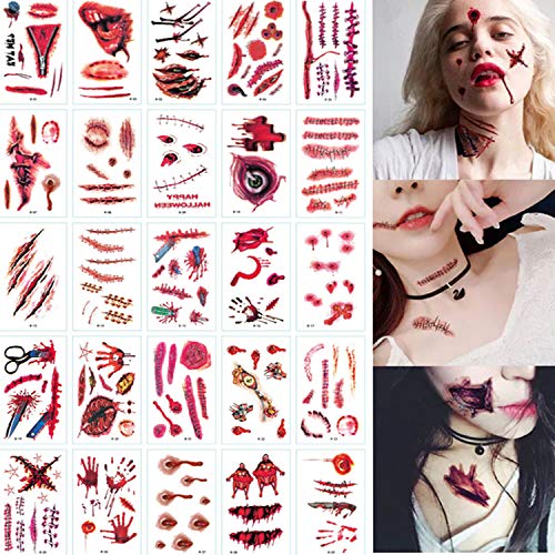 HJ 30 pcs Halloween Imperméable Tatouages Temporaires, Halloween Zombie Cicatrices Horreur Realiste Tatouages Autocollants, Accessoires de Maquillage et de Cosplay pour fête d'Halloween