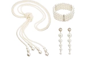 NYGGTYK Lot de 3 Bijoux en Perles, Collier Années 1920, Boucles d'Oreilles Gouttes et Bracelet Multicouches pour Femme, les