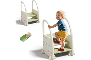 hoopyosms Sgabello per Bambini con Corrimano, Scaletta Regolabile a 2/3 Gradini, Antiscivolo e Sicura per Bagno e Cucina, Verde