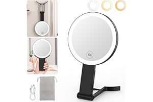AMOLABE 10-fach/1-fach Vergrößerungsspiegel mit Licht, Tragbarer Schminkspiegel mit Beleuchtung, Reisen Kosmetikspiegel mit Beleuchtung Faltbarer Handspiegel Tischspiegel Spiegel Hängen 3 Farblichter Schwarz