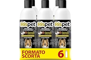 RISPET Shampoo und Spülung, Kokosnuss und Keratin, Reinigungs- und Desinfektionsmittel für Hunde und langhaarige Tiere, Zarte Formel ohne Allergene und ausgeglichener pH-Wert, Kokosnussduft, 6x370 ml