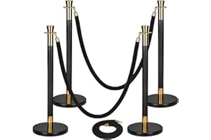 STORMSHOPPING 4PACK Stainless Steel Stanchion Post Queue 5 ft Black Velvet Ropes and Stanchion Poles Set Crowd Control Barriers with Fillable Base Used for Party Wedding Theaters Red Carpet - Black & Gold Color