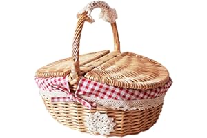 liuduo UKETO Large Wicker Picnic Basket, Picnic Wicker Basket with Handle Double-Lid Lining Outdoor Camping Rattan Weaving Storage Hamper Fruits Food Holder Organizer Home BBQ Picnicware, Red