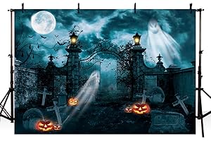 MEHOFOND 2,1x1,5m Toile de Fond Halloween décoration Citrouille Blanc Bleu la Nuit d'halloween La Tombe Photographie d'anniversaire Fond de Partis politiques Table à gâteaux Papier Peint