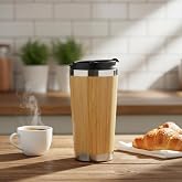 Deconox 450 ml Bambu Kaplama Tabanlı &Ccedil;elik Termos - Sıcak ve Soğuk Tutucu G&uuml;m&uuml;ş Renkli Seyahat Bardağı (Mug)