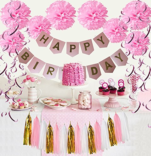 Geburtstag Dekoration, Wartoon Happy Birthday Girlande mit 15 Spiralen Dekoration und 8 Seidenpapier Pompoms für Geburtstag Dekoration, Rosa - 4