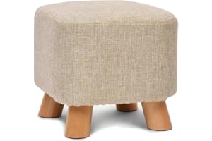 LEITING Small Wooden Footstool Footrest Foot Stool Ottoman Pouffe Padded Sofa Upholstered Stool Seat Chair for Living Room Bedroom with Beech Wood Legs & Removable Linen Cover (Beige, Square)