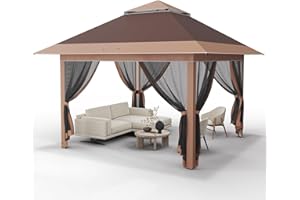 Devoko Gazebo 3.3 x 3.3m Pieghevole Impermeabile, Gazebo Pieghevole con Zanzariera,Gazebo da Giardino per Campeggio Stand Commerciale Feste Bistrot Bar Piscina,Marrone