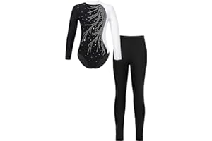 iEFiEL Mädchen Turnanzug Langarm Glitzer Gymnastik Kleidung Set Ballett Trikot Langarmbody mit Lange Hose Kinder Gymnastikanzug