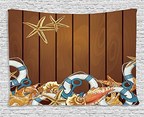 XHFITCLtd Brown Tapestry Seashells Decor, Seashells Anchors Starfish on Wooden Backdrop Nautical Elements Icon Sea Theme, Living Room Dorm Wall Hanging Tapestry, 60 X 40 Inches, Brown Blue White