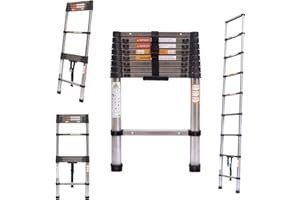 Huini Échelle télescopique 2,6 m - Échelle multifonction en acier inoxydable - Échelle antidérapante, extensible et robuste - Capacité de charge : 150 kg / 330 livres