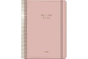 Dohe - Agenda 2026 - Jour par Page, Format A5 (14x20 cm), Fermeture Spirale Dorée et Élastique, Gravures Dorées, 12 Mois Janvier à Décembre, Planificateur Annuel en Espagnol - Velvet Rose