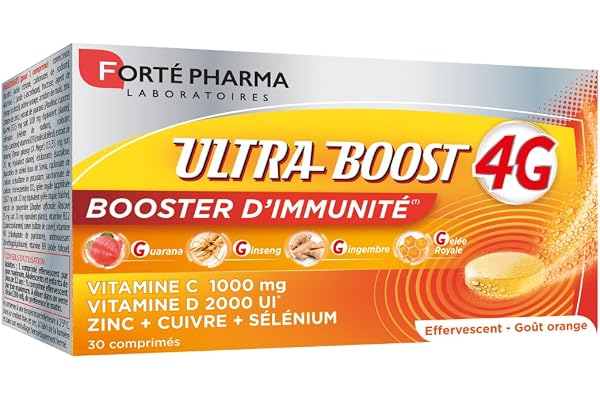Forté Pharma - Ultra Boost 4G Booster d’Immunité | Complément Alimentaire Booster d'énergie | Vitamine C - Vitamine D - Guarana, Gelée Royale, Gingembre, Giseng | 30 comprimés Effervescents