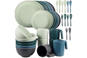 Greentainer Geschirrsets aus Kunststoff (36pcs) | Leicht und Unzerbrechlich Camping Geschirr Set mit Besteck,Teller, Schüsseln,Tassen,Tafel-Service für 6 Person, Ideal für Kinder & Erwachsene