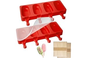 HONNESSERRY Lot de 2 Moules a Glace Silicone, Antiadhésifs Moule Pop Cake Avec Couvercle Silicone, 100 Batonnet En Bois et 50 Sacs de Glace, Sans BPA, Rouge