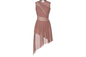 Oyolan Women's Girls Lyrical Dance Costume High Low Rhinestone Mesh Modern Contemporary Dance Dress