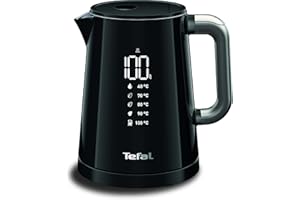 Tefal Bouilloire électrique, Ébullition rapide, 1 L, Arrêt Automatique, Filtre amovible, Ecran numérique, 5 températures, Maintien au chaud 30 min, Intérieur inox, Smart'N Light, Noire, KO854830