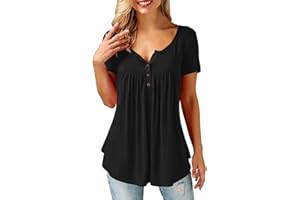 Amoretu T-Shirt Damen V-Ausschnitt Knopfleiste Bluse Solide Tunika Langarm/Kurzarm Tops