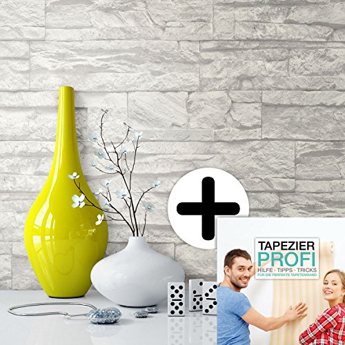 Steintapete Vliestapete Weiß , schöne edle Tapete im Steinmauer Design , moderne 3D Optik für Wohnzimmer, Schlafzimmer oder Küche inklusive der Newroom Tapezier Ratgeber mit Tipps für perfekte Wände - 5