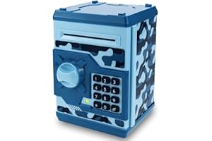 Qwifyu Piggy Bank for Boys Girls, 4 5 6 7 8 9 10 Year Old Girl Boy Birthday Gift Ideas, Electronic Password Money Saving Box ATM, Great Gift Safe Bank Toys for Kids (Camouflage Blue)