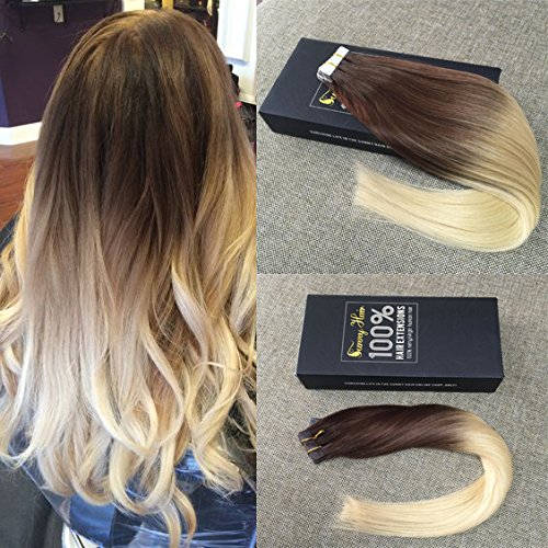 Sunny 50g/20pcs Dark Brown to Bleach Blonde Skin Weft Human Hair 100% Remy dip dyed Tape in Hair Extensions 14inch