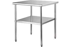 VEVOR Table de Travail INOX 76 x 76 x 91 cm Préparation 2 Niveaux 362 kg Cuisine Étagères Réglables en Hauteur Rangement Aliments Restaurant Bar Garage Extérieur