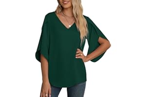 Yommay Women's Chiffon Blouse Ladies Tops Elegant Casual Loose 3/4 Ruffled Split Sleeve V Neck Summer Blouse T Shirts
