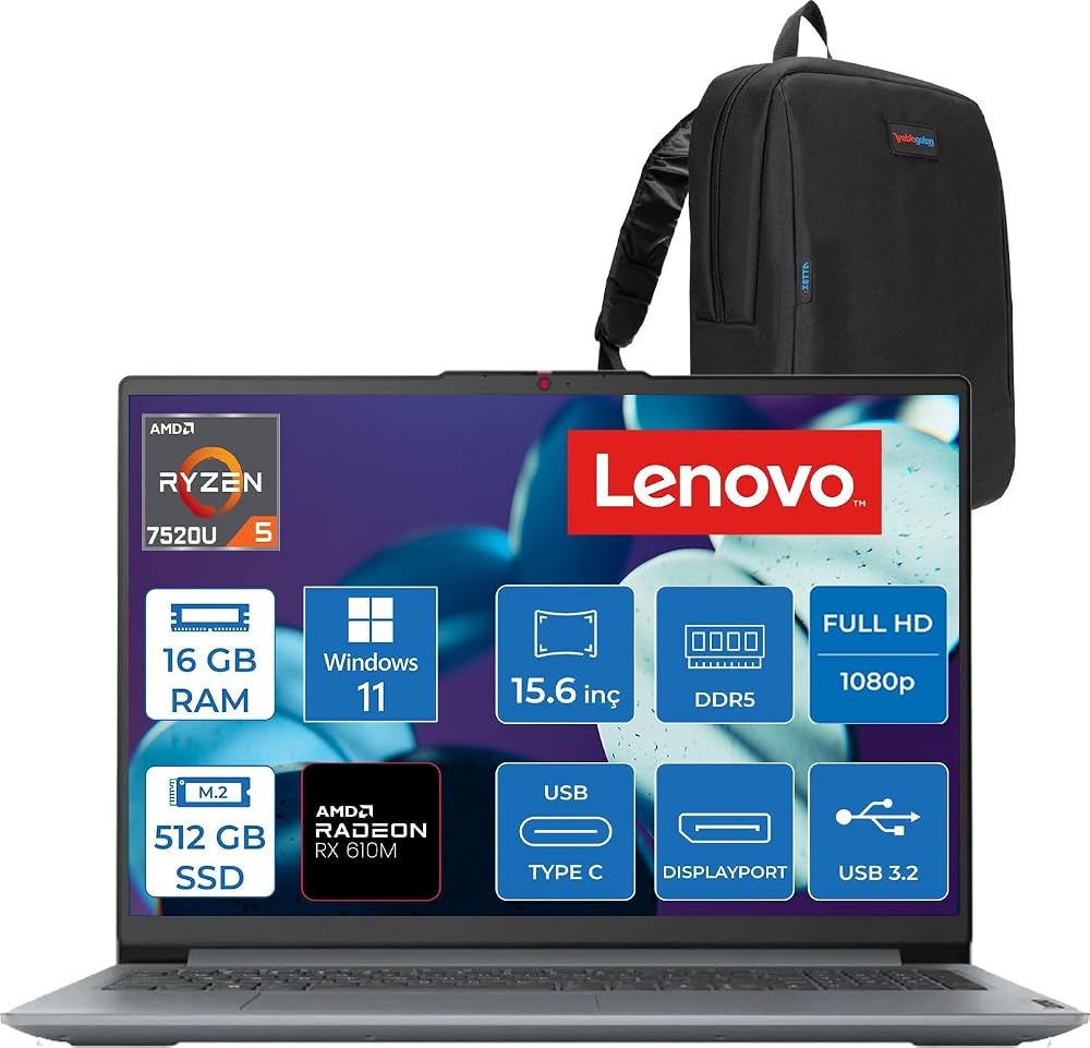 Lenovo Ideapad Slim 3 Amd Ryzen 5 7520U 16GB Lpddr5 512GB SSD Radeon 610M Graphics 15.6" Fhd Tn 250NITS Windows 11 Home Taşınabilir Bilgisayar 82XQ00SFTXH09 + Zettaçanta