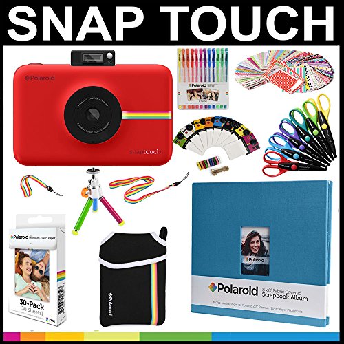 spécification Polaroid : Pack cadeau appareil instantané Snap Touch + papier ZINK (30 feuilles) + Album en tissu 8 x 8 + Pochette + 6 ciseaux à bordure + 100 cadres autocollant + Stylos gel colorés + Cadres à accrocher + Accessoires