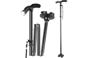 ALFFREUDE Bastone Pieghevole con Luce LED Bastone per Anziani Pieghevole Altezza Regolabile Bastone Pieghevole Adatto a Uomini Donne e Anziani Nero