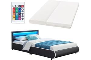 ‎JUSKYS Juskys Polsterbett Sevilla 140x200 cm mit Matratze, LED Beleuchtung, Lattenrost & Kopfteil - Holz & Kunstleder - 16 Farbeinstellungen & Fernbedienung - Bett Jugendbett Einzelbett - Schwarz