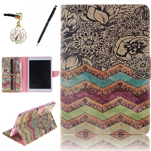 HB-Int 3 in 1 Flip Schutzhülle für iPad Mini 1 / 2 / 3 PU Leder Etui Stand Funktion Hülle Bunt Wallet Case Kartenfächer Book Style Cover Blumen Multifunction Modicsh Holder Tablet PU Ledertasche Magnetverschluss Dünn Slim Bumper Zubehör mit Stylus Pen und Staub Stecker