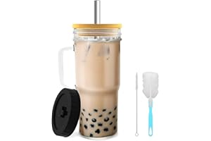HMJIA Verre avec Paille et Couvercle 24oz Mason Jar avec Poignée Pailles Bubble Tea réutilisables avec Brosse Verre a Eau à Café Glacé Boba Thé Verres à Smoothie (1, 700ml)