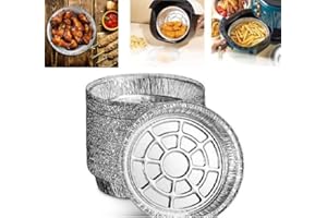 hardinox 50Pcs Round Foil Trays, 6 Inch Tin Foil Dishes Disposable Foil Plate Container Air Fryer Liners Aluminum Foil Round Tin Foil Pans for Party Baking Roasting Cooking (6inch)