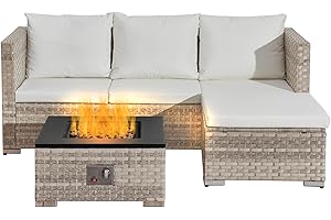 AFURNI 3-Piece Rattan Fire Pit Table Set,Patio Garden Furniture Set with 40000 BTU Propane Firepit Table Set,White Cushions