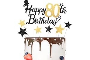 Glitter Happy Birthday Cake Topper Black Gold Gliter Happy 80th Birthday Cake Topper for Mens 80th Birthday Cake Decorations 7PCS by RichMoho