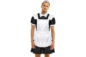 iiniim 3pcs Disfraz de Criada Hombre Adulto Vestido Encaje con Delantal Uniforme de Sirvienta Sissy Lenceria Disfraz de Halloween Cosplay Maid Costume
