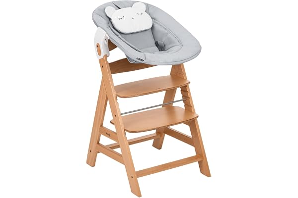 hauck Chaise Haute Bébé Evolutive en Bois Alpha Newborn Set Pre – dès la Naissance, Jusqu’à 90 Kg, Harnais 5 Points, Arceau de Sécurité et Réducteur Nouveau-Né, Naturel Gris