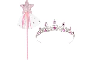 JILSKL Dress Up Tiara Crown Set, Princess Crown Girls, Crown Fancy Dress Girls, Princess Wand, Crown Girls, Pink Crystal Crown with Pink Wand, A Princess Set Every Girl Likes