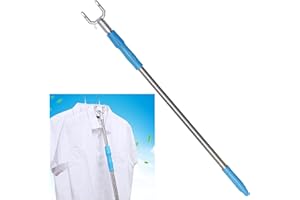 KRIZJUES Retractable Closet Hook, Steel Adjustable Hook Pole, 55" Telescopic Handle, Blue