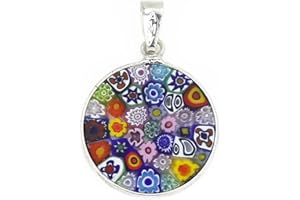 GLASS OF VENICE Collar con colgante Millefiori de cristal de Murano pequeño de cristal de Venecia, redondo, multicolor, con marco de plata de ley, para mujer, 3/4 pulgadas, 18 mm, hecho a mano en Italia